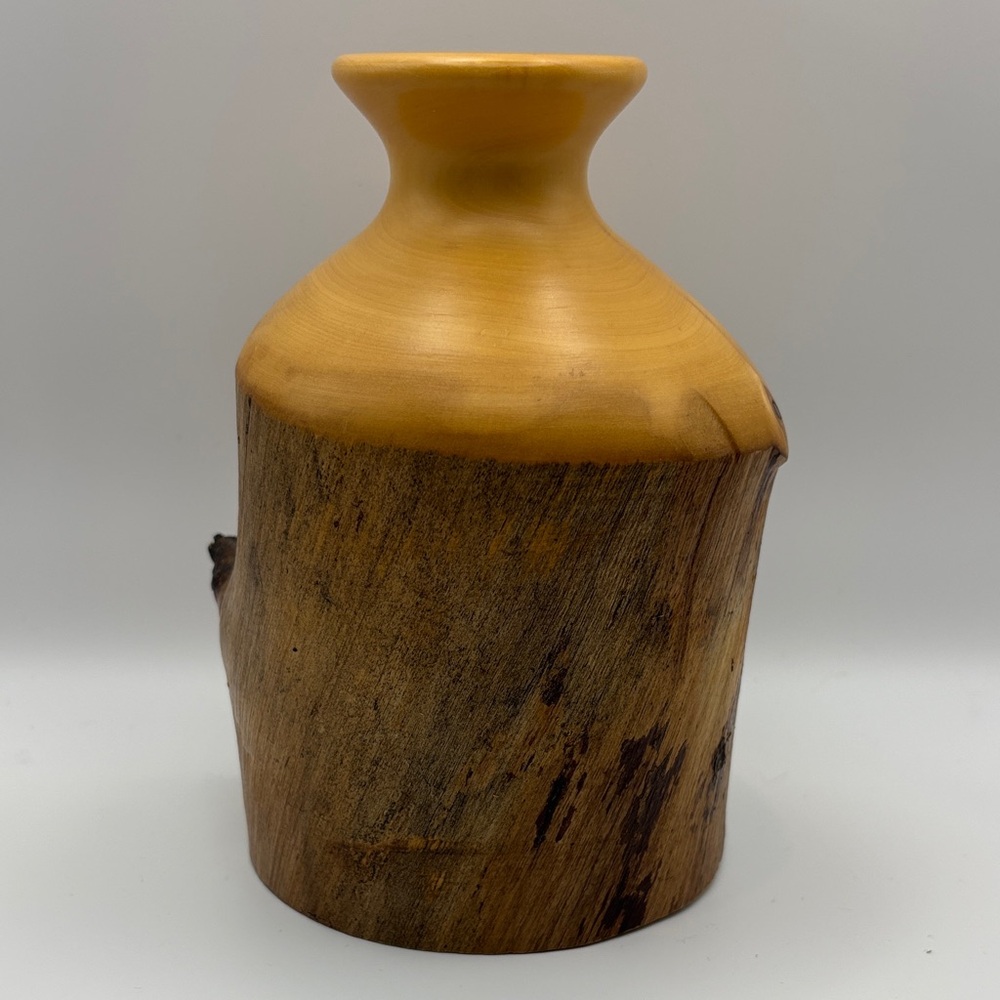 Vintage Wood‎ Vase Hand Turned Natural with Bark Asymmetric Boho 6"